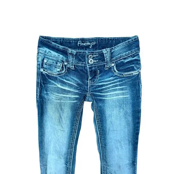 Amethyst Women’s 1 Bootcut Jeans Blue Distressed Faded Mid-Rise Stretch Denim - Picture 3 of 6